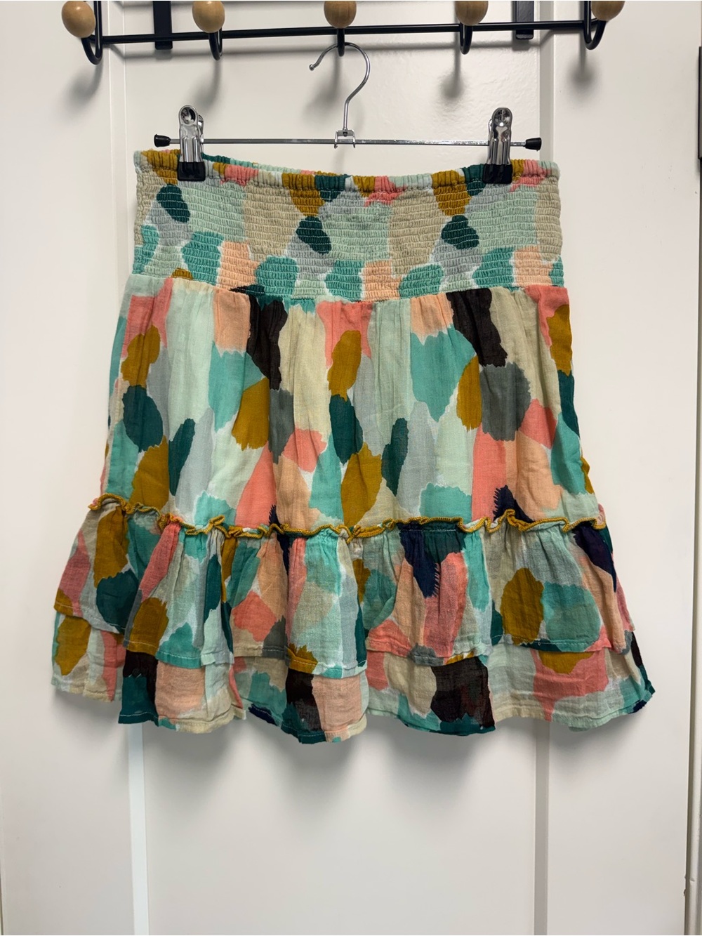 Anthropologie THML Abstract Patchwork Tiered Mini Skirt — Teal, Coral & Mustard